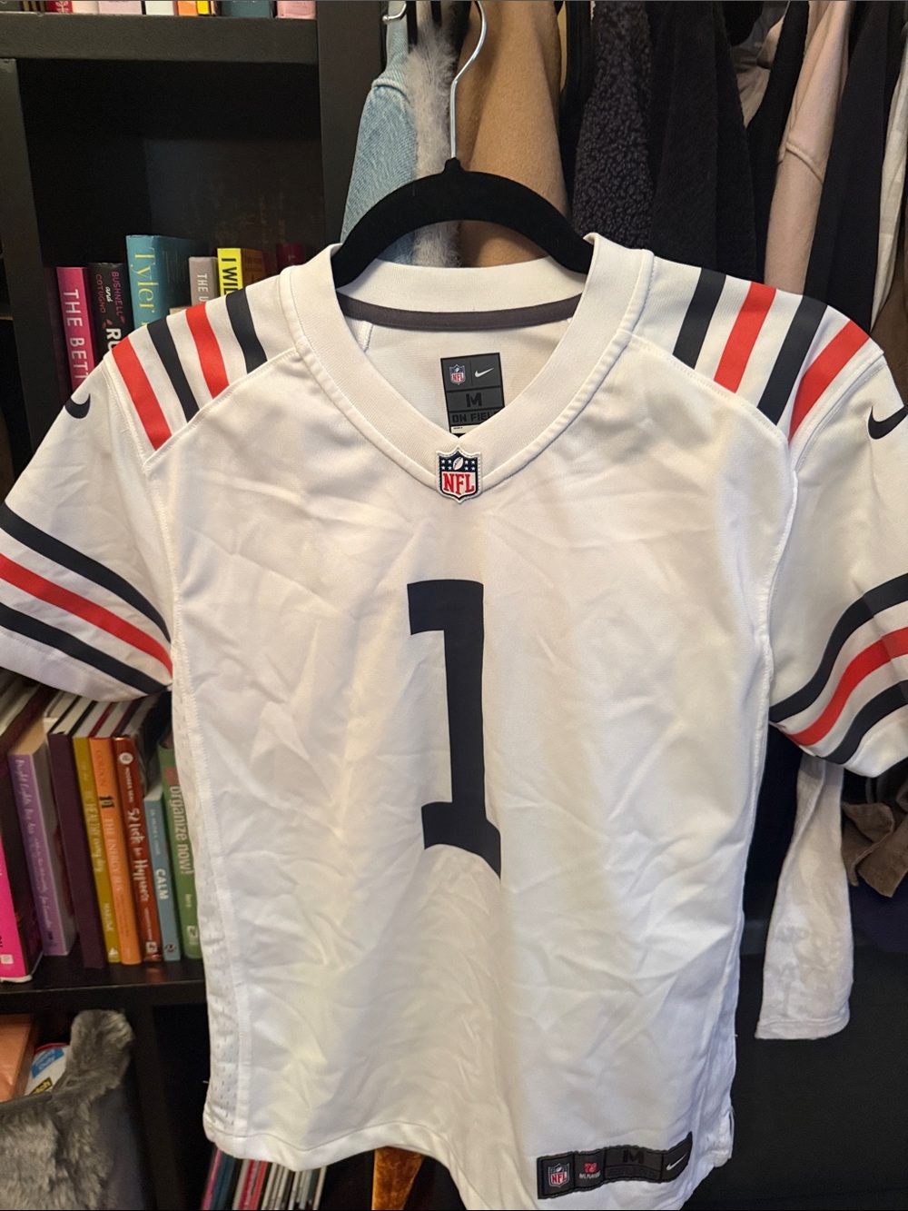 NFL Kids White Jersey with Navy Number and Red/Navy Striping
